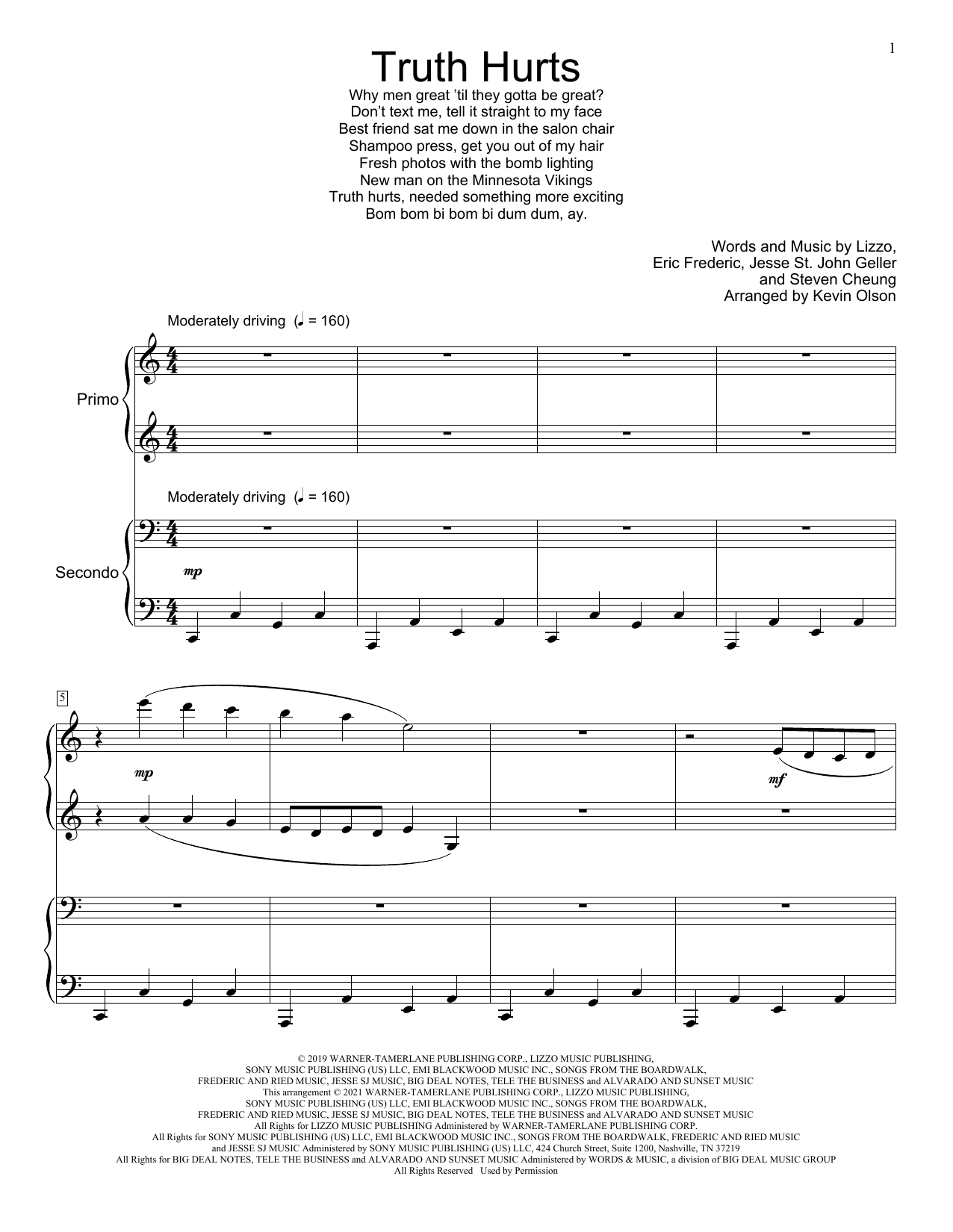 Download Lizzo Truth Hurts (arr. Kevin Olson) Sheet Music and learn how to play Piano Duet PDF digital score in minutes
