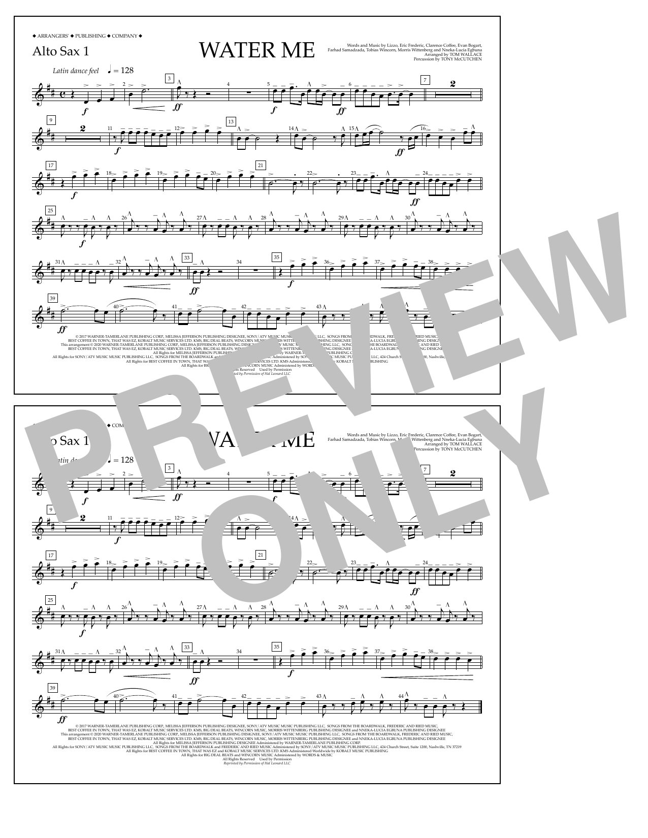 Download Lizzo Water Me (arr. Tom Wallace) - Alto Sax 1 Sheet Music and learn how to play Marching Band PDF digital score in minutes