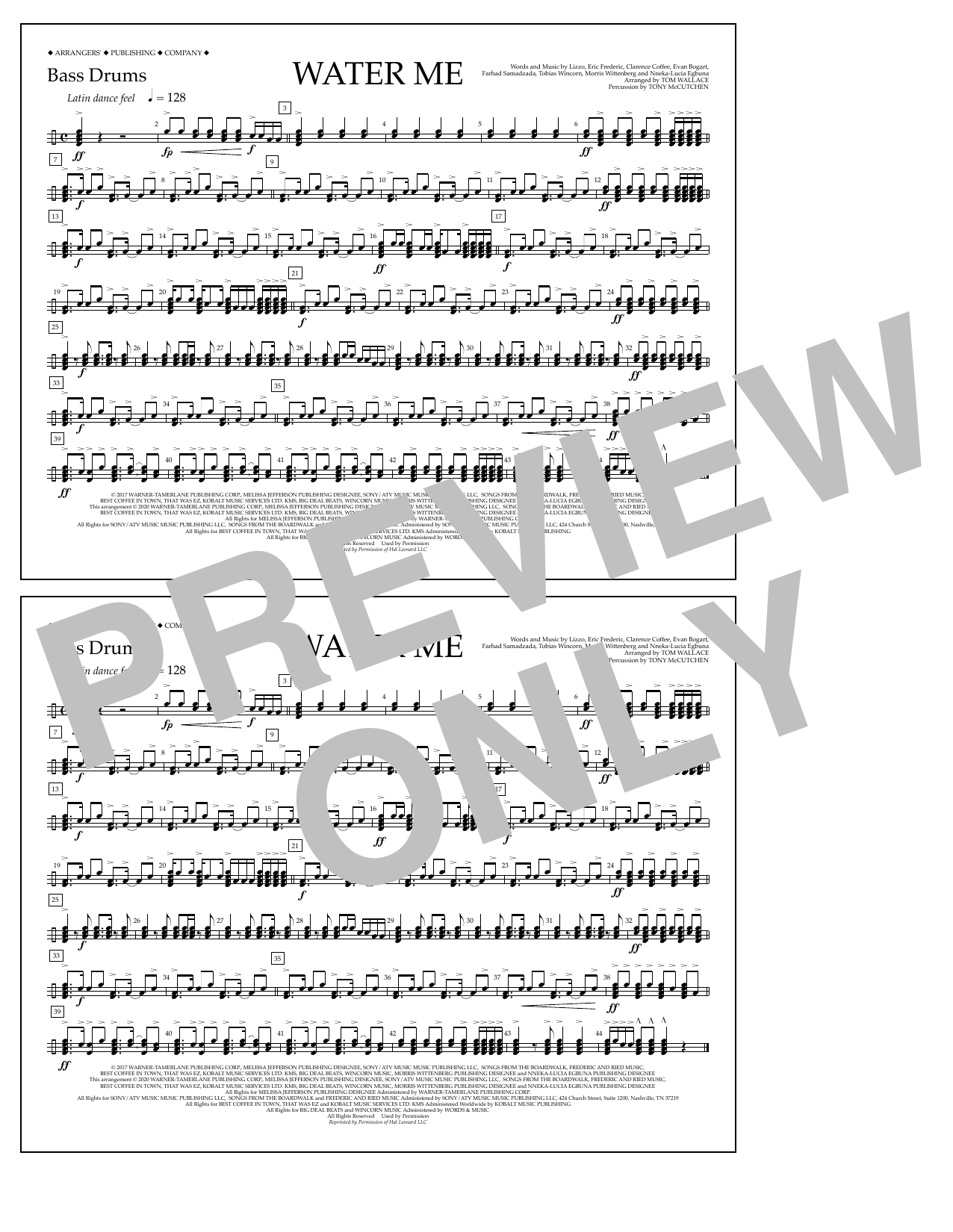 Download Lizzo Water Me (arr. Tom Wallace) - Bass Drums Sheet Music and learn how to play Marching Band PDF digital score in minutes