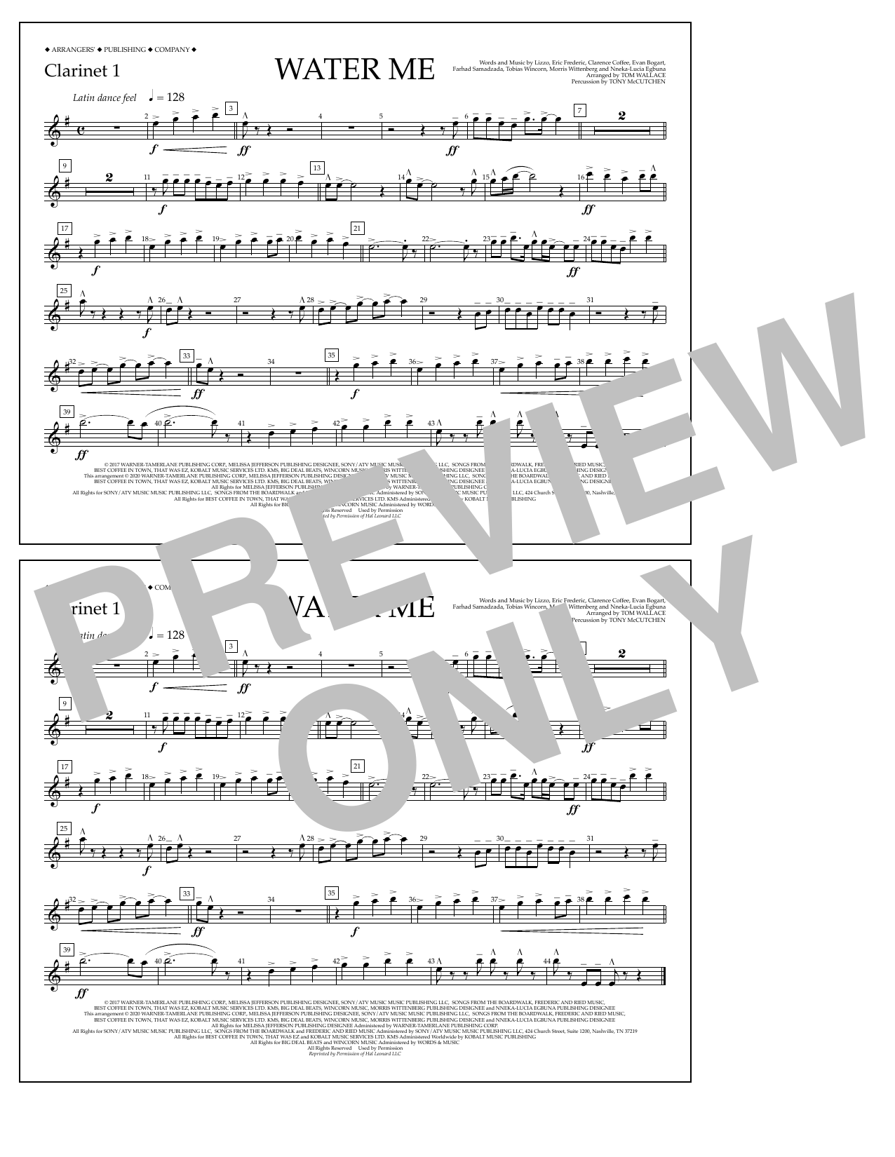 Download Lizzo Water Me (arr. Tom Wallace) - Clarinet 1 Sheet Music and learn how to play Marching Band PDF digital score in minutes