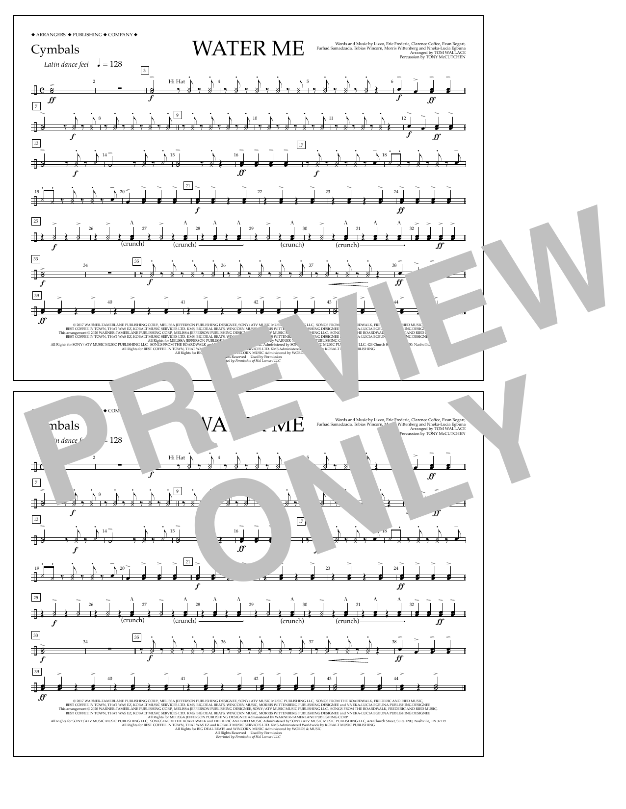 Download Lizzo Water Me (arr. Tom Wallace) - Cymbals Sheet Music and learn how to play Marching Band PDF digital score in minutes