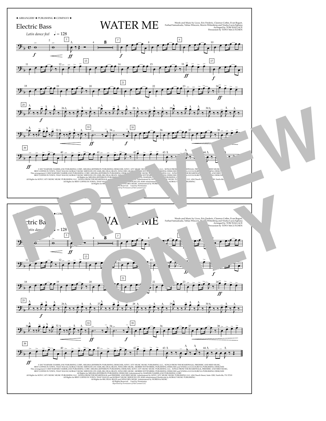 Download Lizzo Water Me (arr. Tom Wallace) - Electric Bass Sheet Music and learn how to play Marching Band PDF digital score in minutes