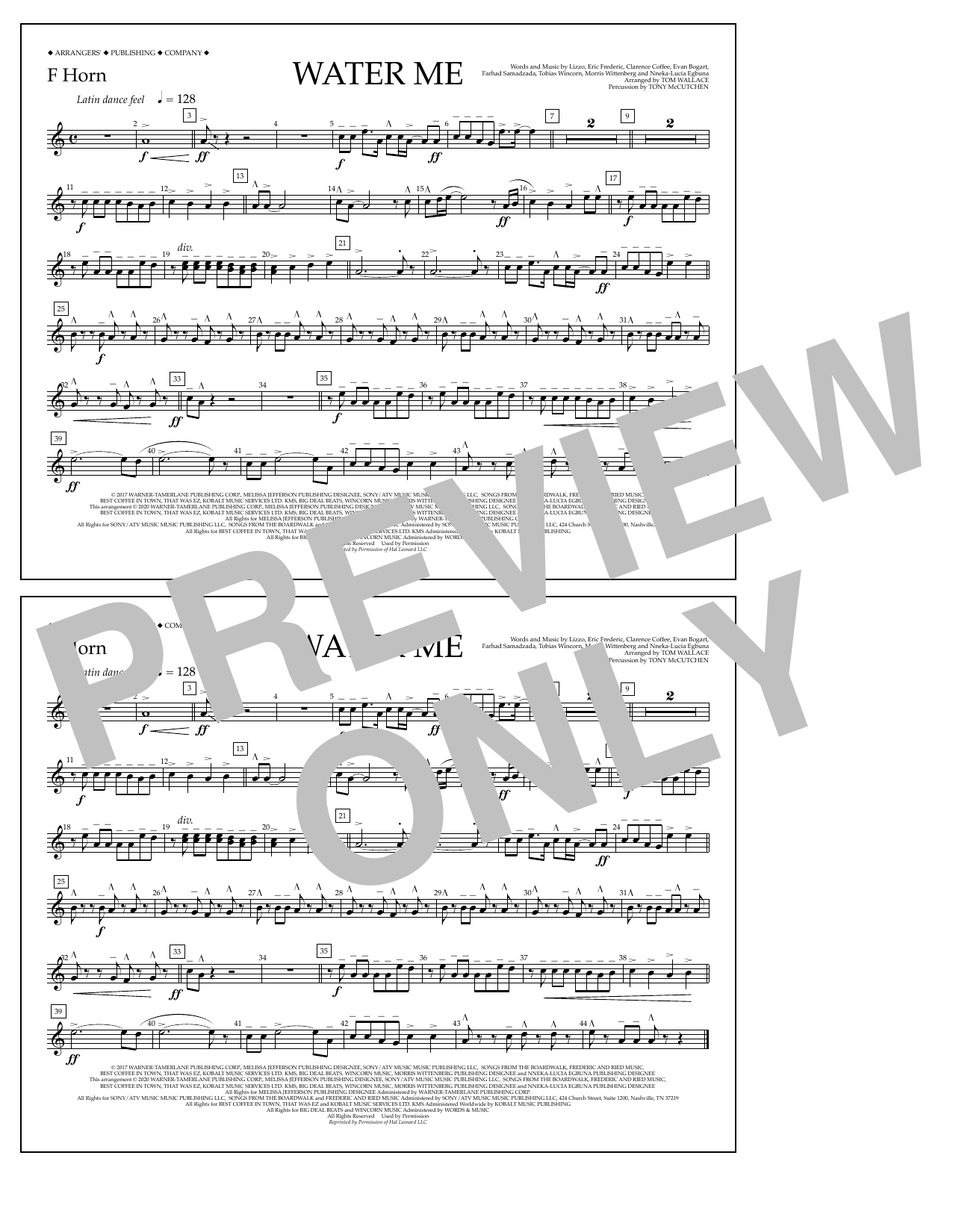 Download Lizzo Water Me (arr. Tom Wallace) - F Horn Sheet Music and learn how to play Marching Band PDF digital score in minutes