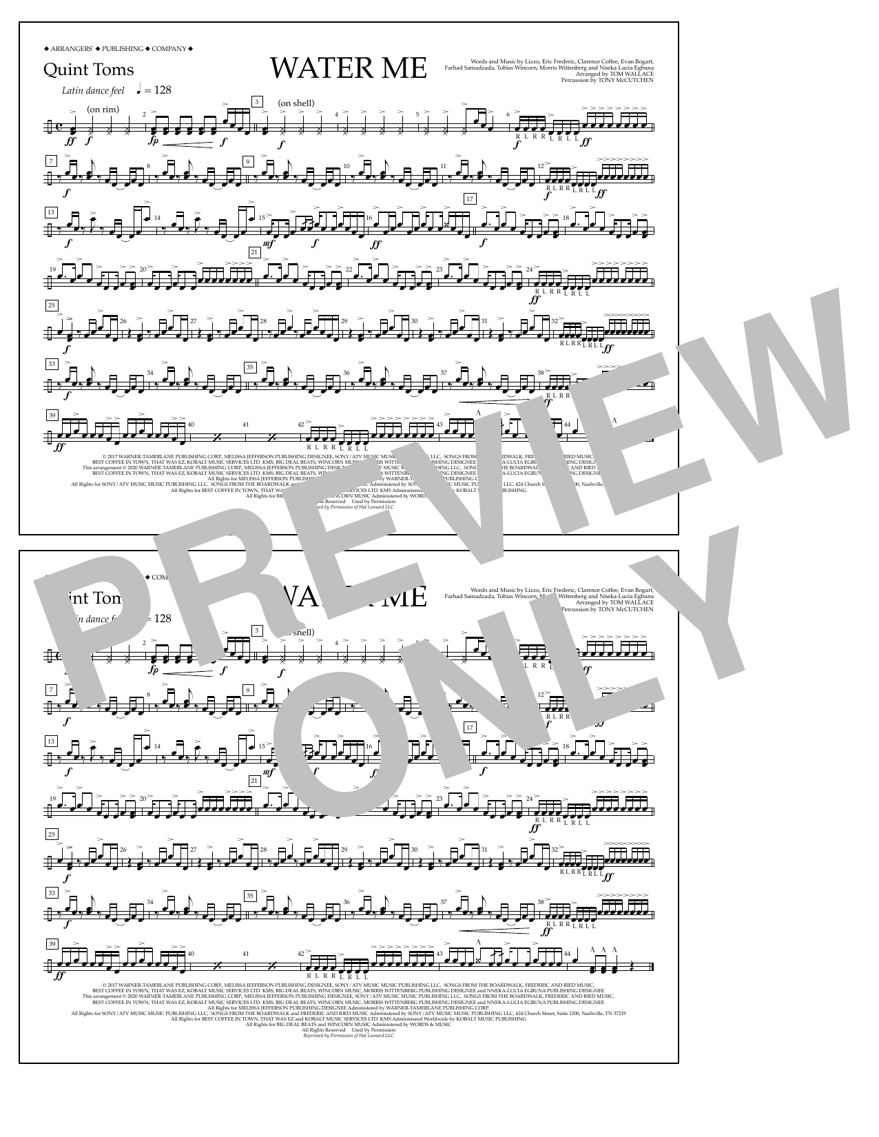 Download Lizzo Water Me (arr. Tom Wallace) - Quint-Toms Sheet Music and learn how to play Marching Band PDF digital score in minutes