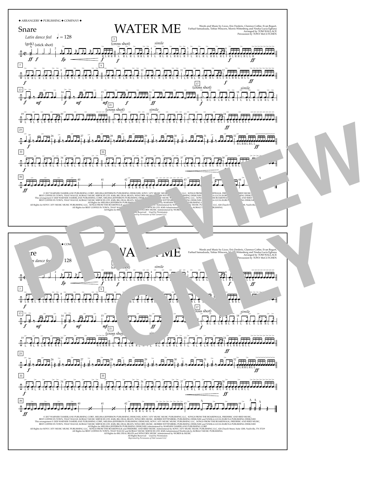 Download Lizzo Water Me (arr. Tom Wallace) - Snare Sheet Music and learn how to play Marching Band PDF digital score in minutes