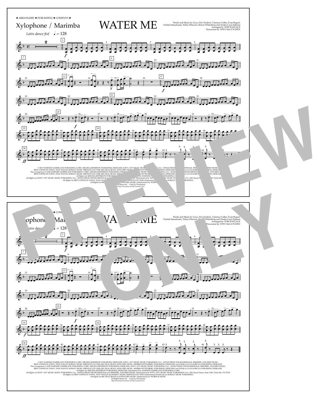 Download Lizzo Water Me (arr. Tom Wallace) - Xylophone/Marimba Sheet Music and learn how to play Marching Band PDF digital score in minutes