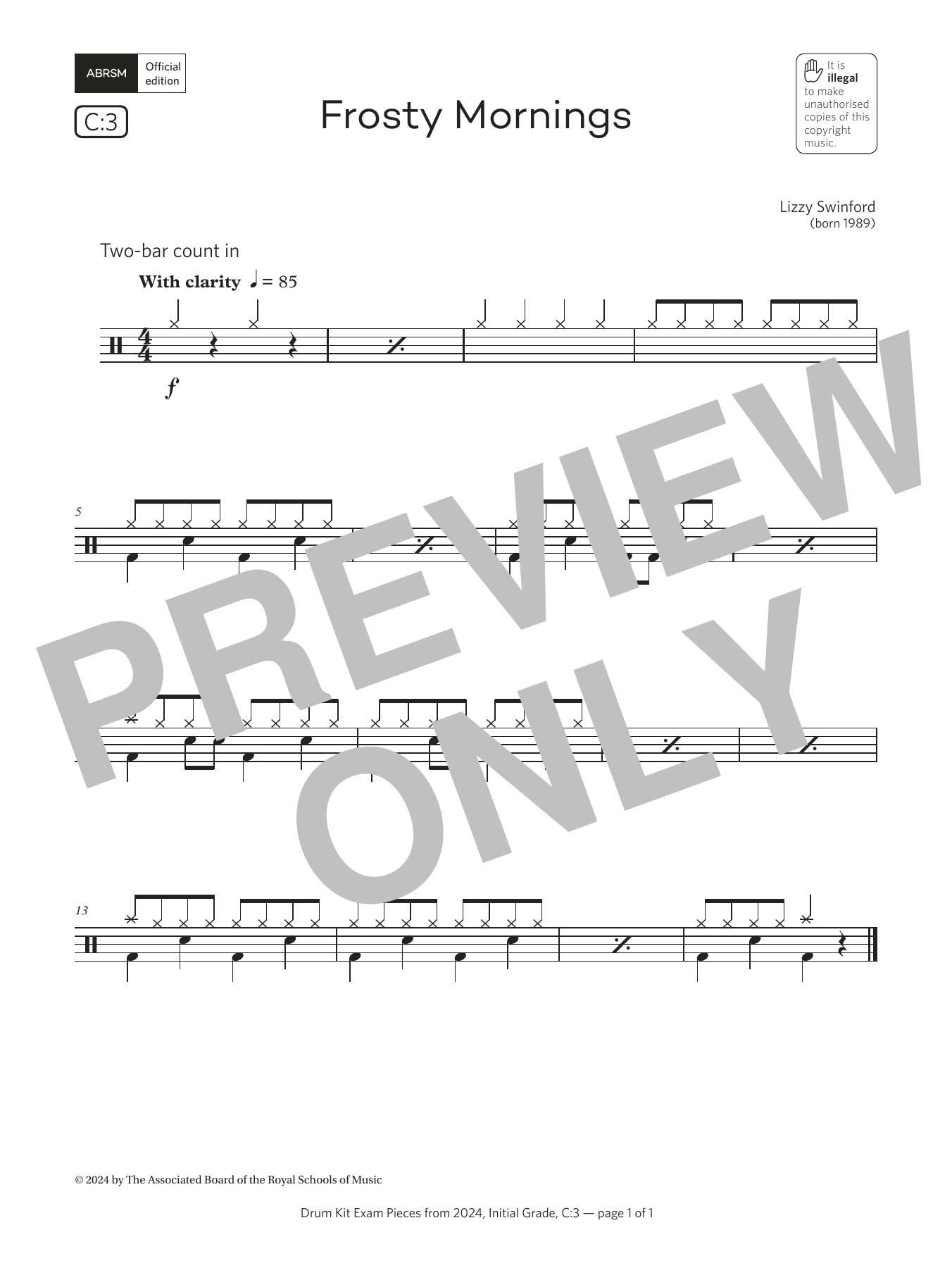 Download Lizzy Swinford Frosty Mornings (Grade Initial, list C3, from the ABRSM Drum Kit Syllabus 2024) Sheet Music and learn how to play Drums PDF digital score in minutes