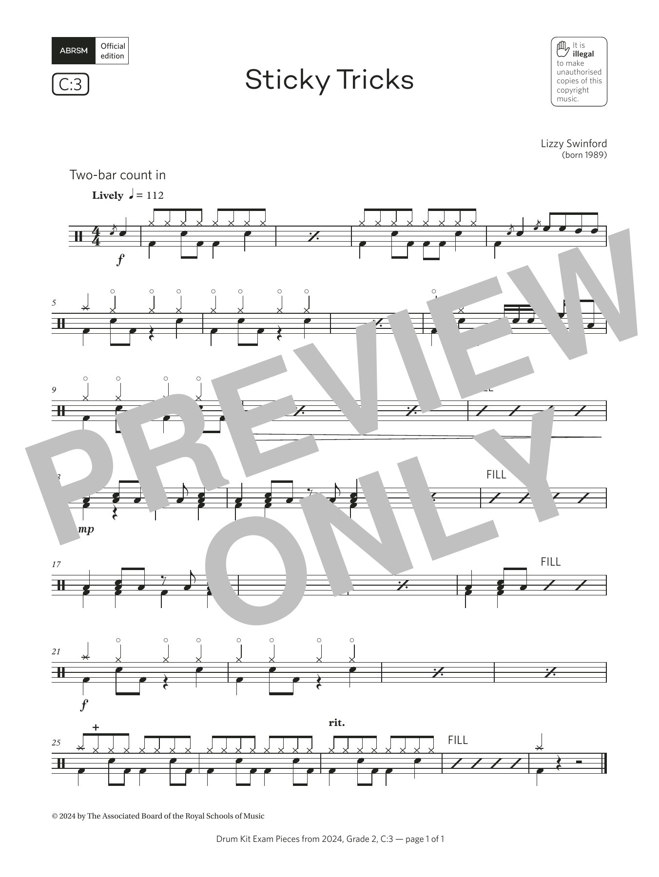 Download Lizzy Swinford Sticky Tricks (Grade 2, list C3, from the ABRSM Drum Kit Syllabus 2024) Sheet Music and learn how to play Drums PDF digital score in minutes