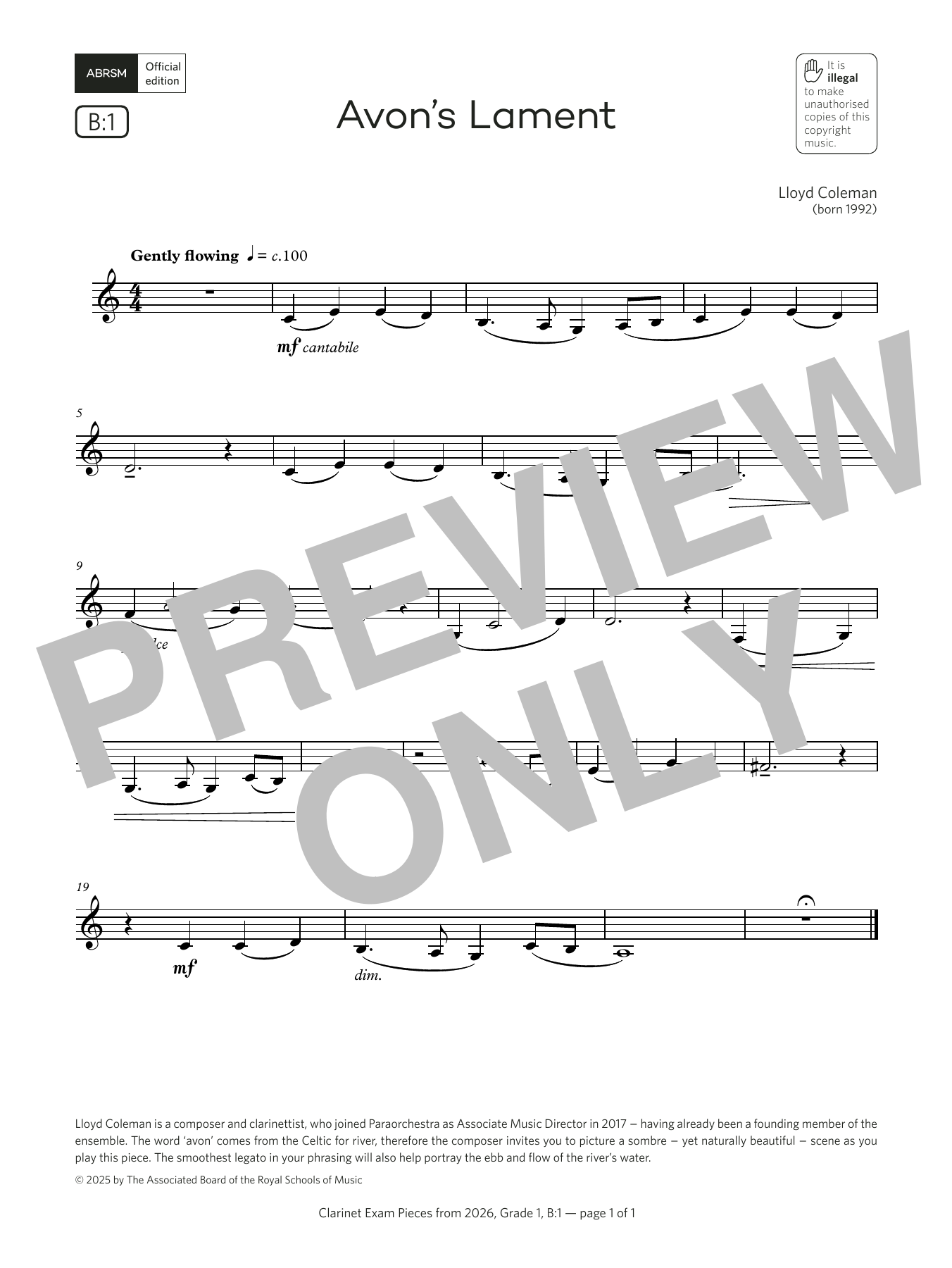 Download Lloyd Coleman Avon's Lament (Grade 1, list B1, from the ABRSM Clarinet Syllabus from 2026) Sheet Music and learn how to play Clarinet Solo PDF digital score in minutes