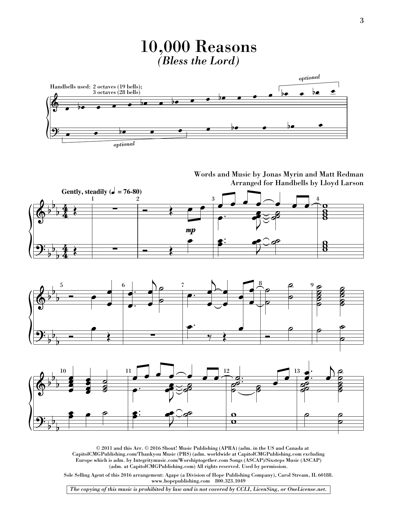 Download Lloyd Larson 10,000 Reasons (Bless the Lord) - Handbells Sheet Music and learn how to play Choir Instrumental Pak PDF digital score in minutes