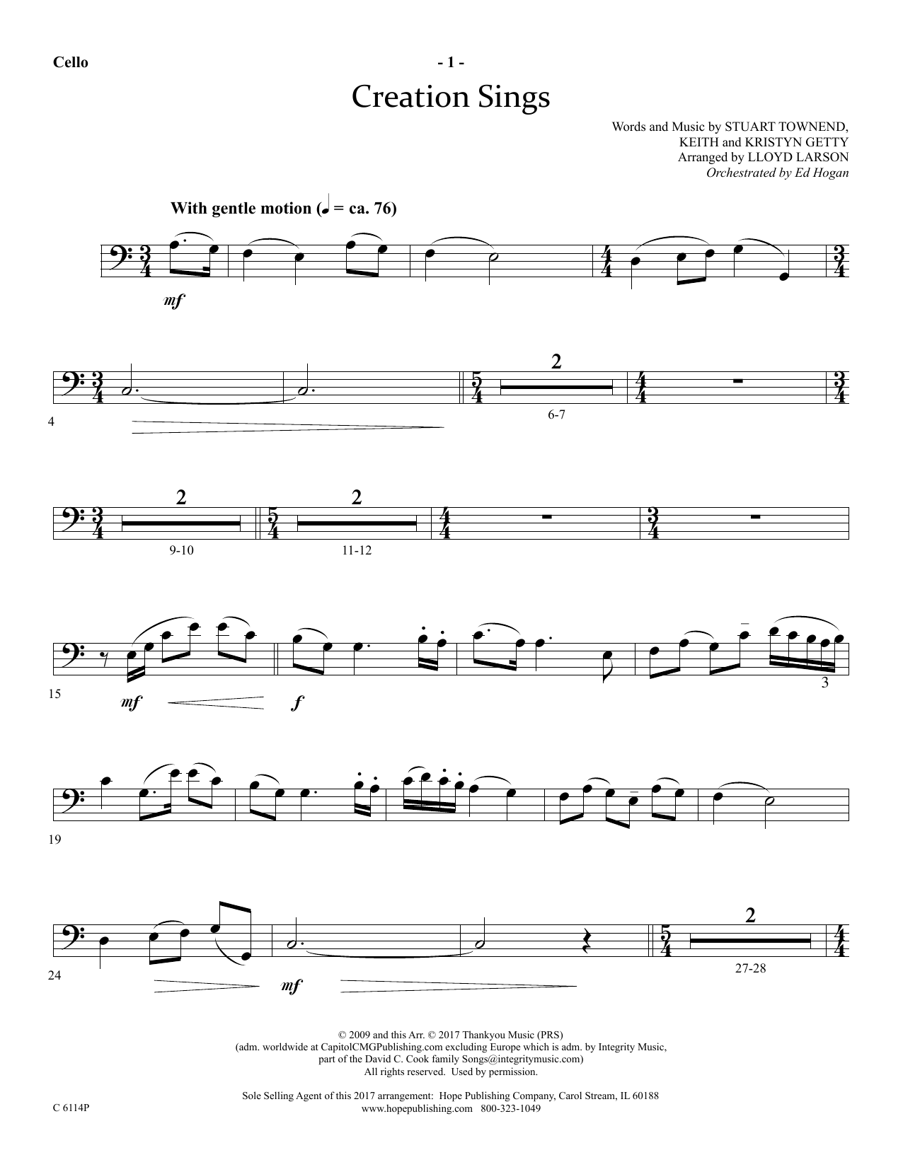 Download Lloyd Larson Creation Sings - Cello Sheet Music and learn how to play Choir Instrumental Pak PDF digital score in minutes