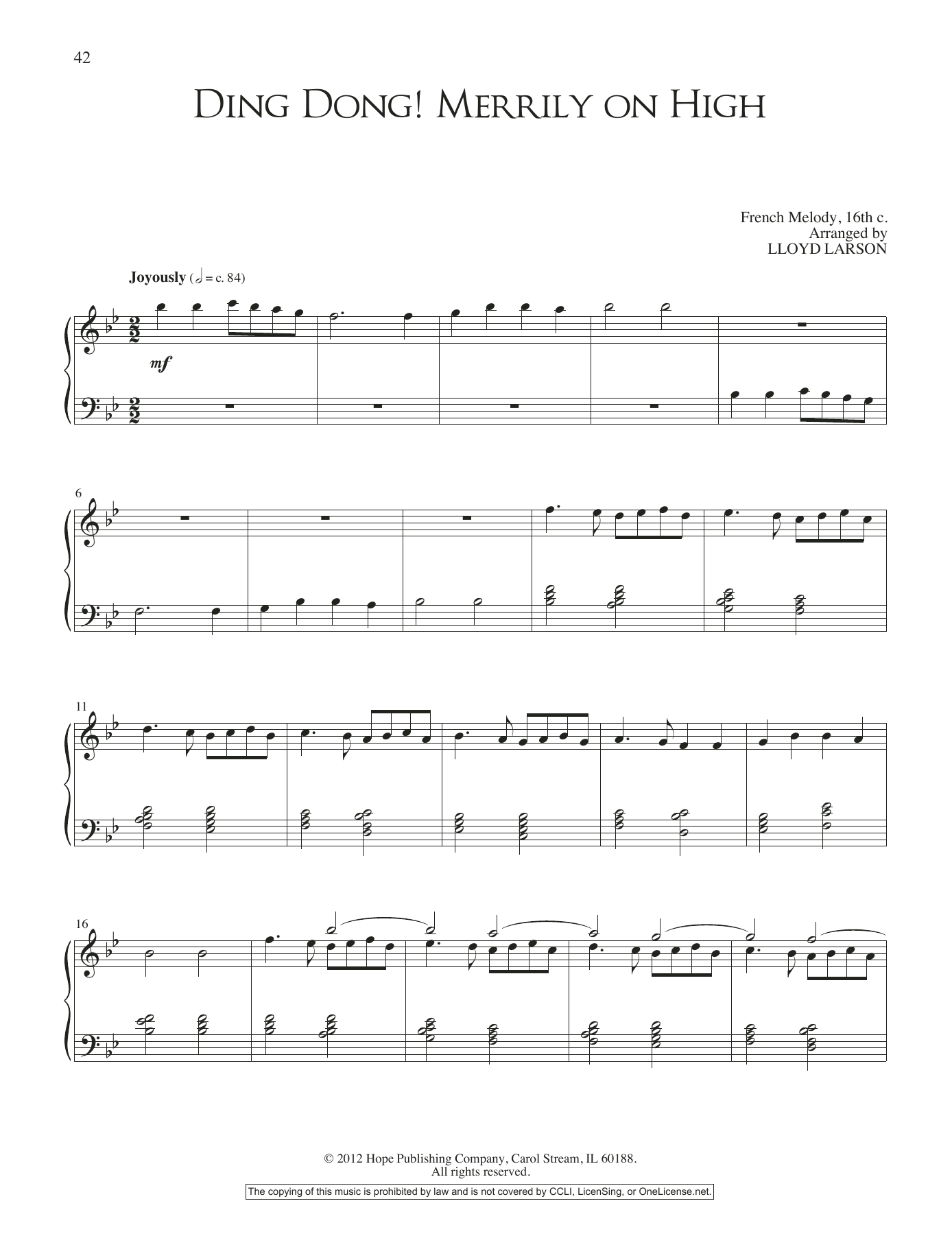 Download Lloyd Larson Ding Dong! Merrily On High Sheet Music and learn how to play Piano Solo PDF digital score in minutes