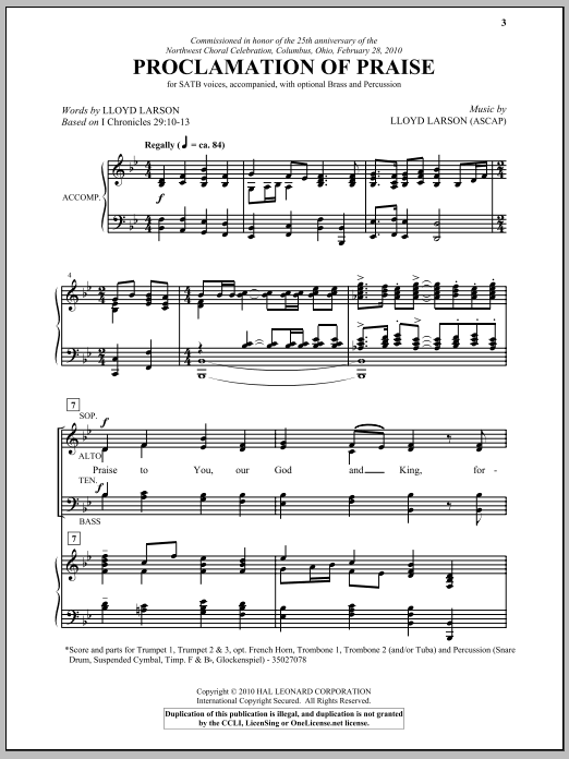 Download Lloyd Larson Proclamation Of Praise Sheet Music and learn how to play SATB Choir PDF digital score in minutes