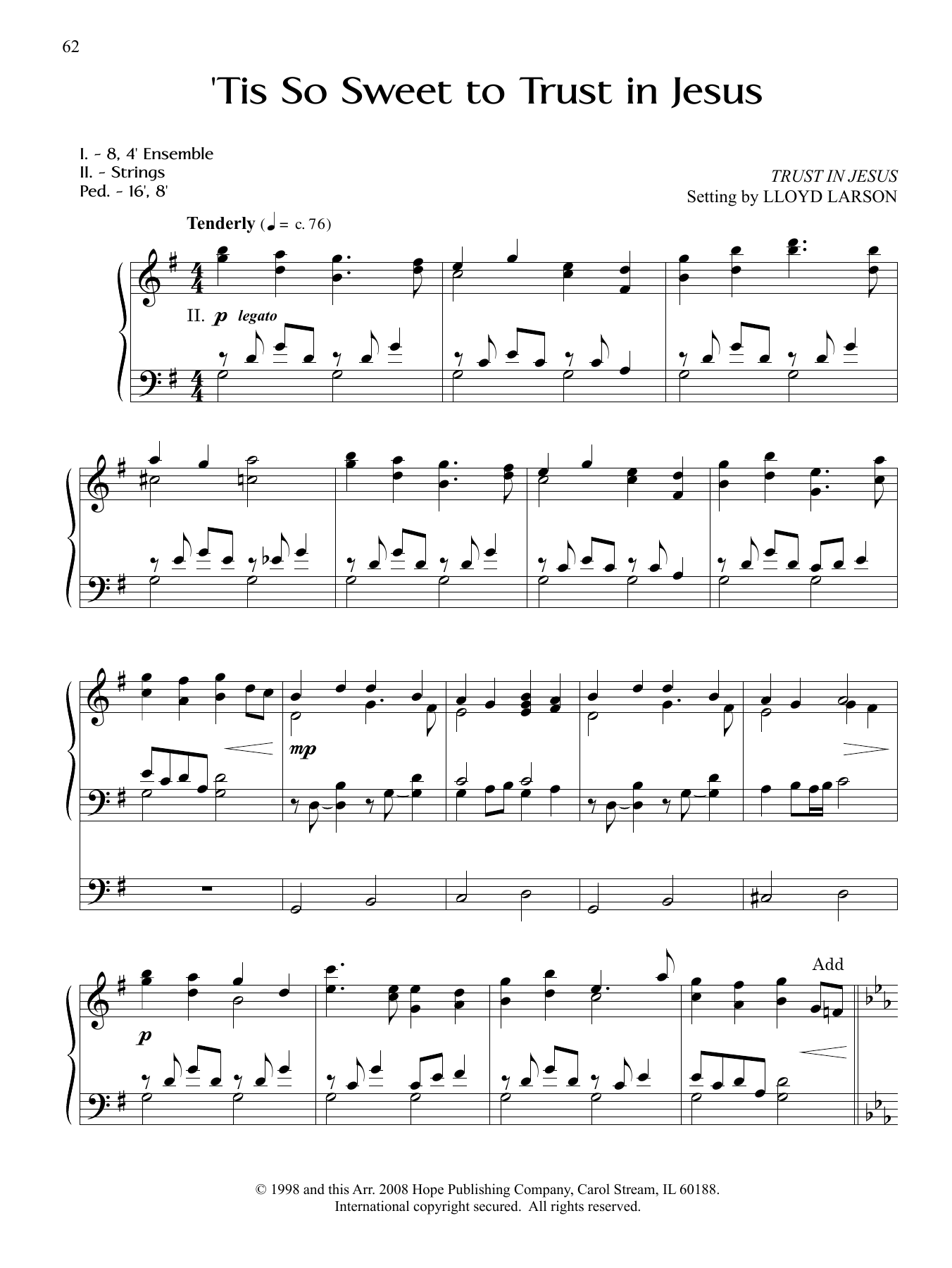Download Lloyd Larson Tis So Sweet to Trust in Jesus Sheet Music and learn how to play Organ PDF digital score in minutes