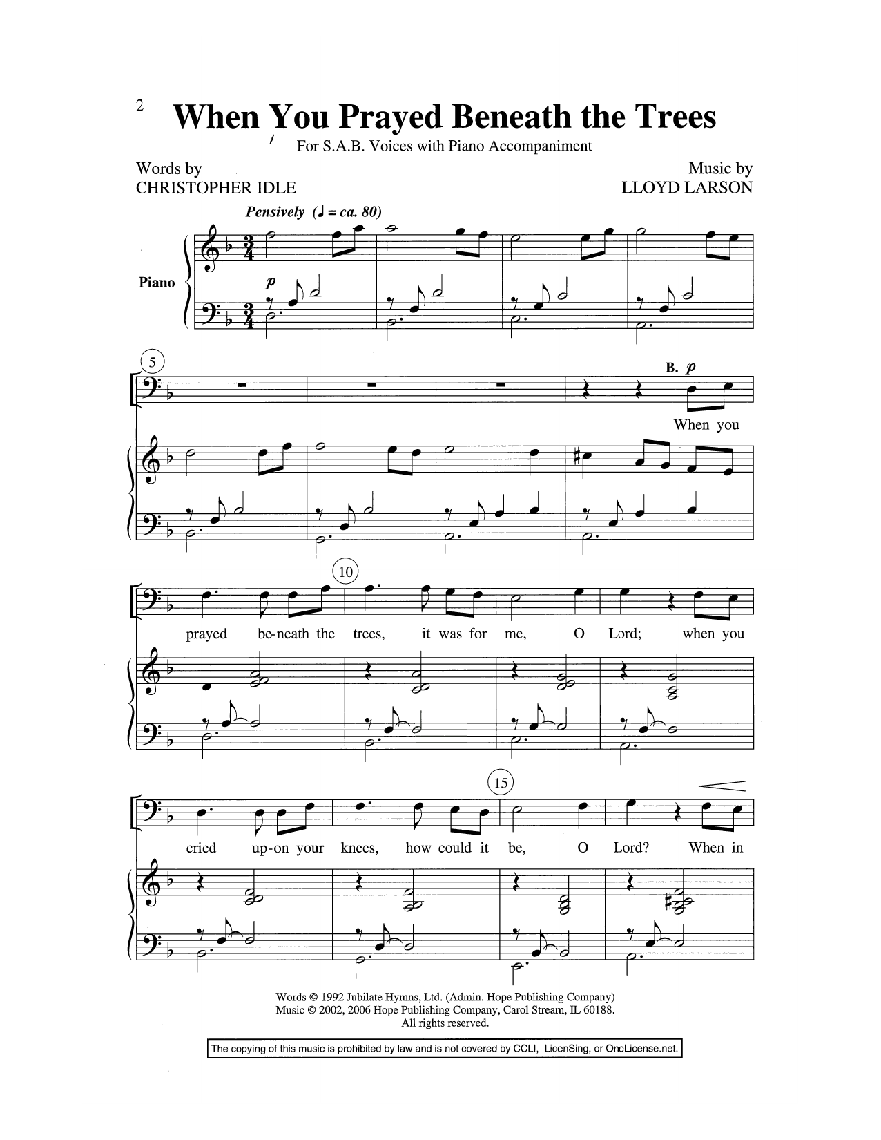 Download Lloyd Larson When You Prayed Beneath The Trees Sheet Music and learn how to play SAB Choir PDF digital score in minutes