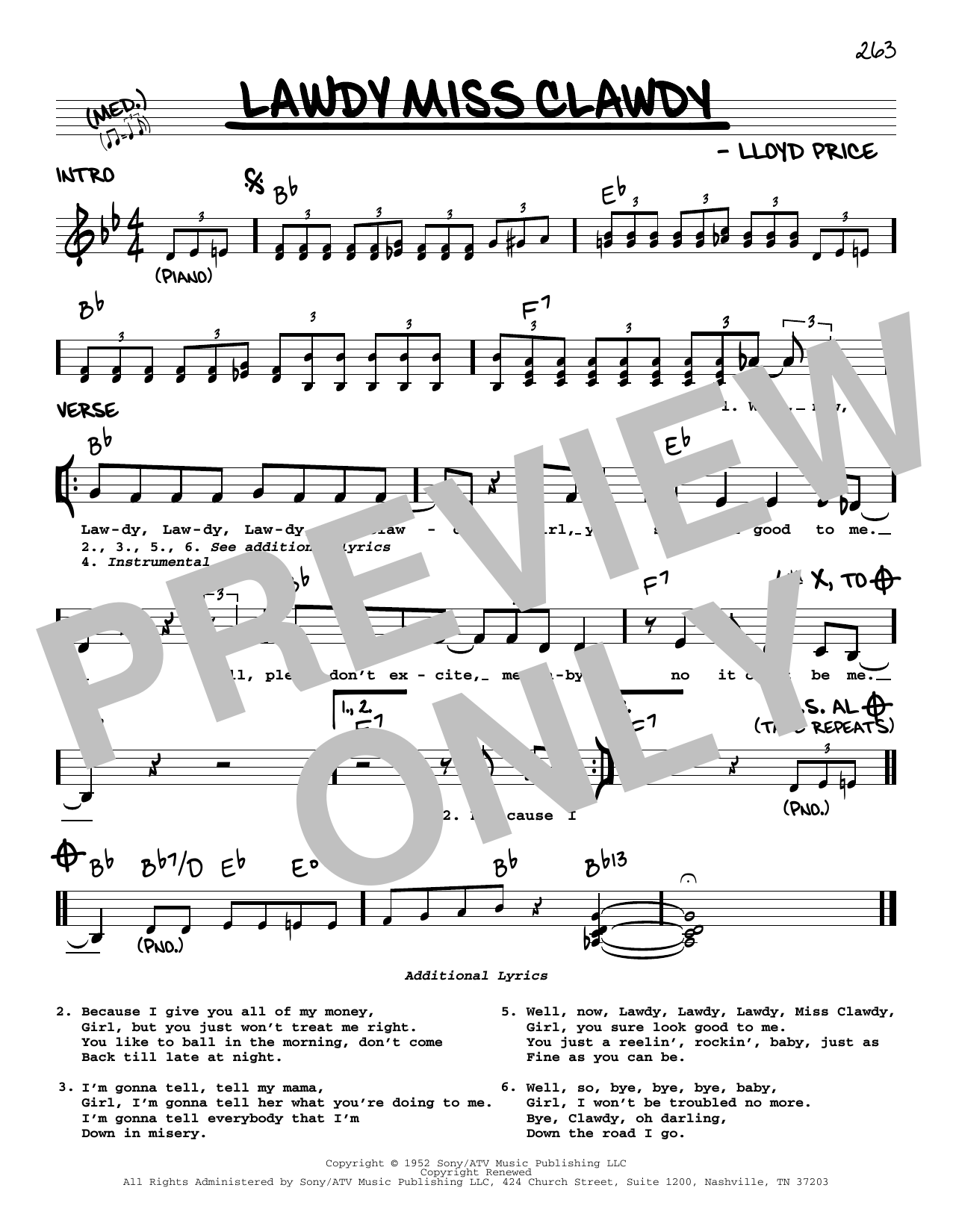 Download Lloyd Price Lawdy Miss Clawdy Sheet Music and learn how to play Real Book – Melody & Chords PDF digital score in minutes
