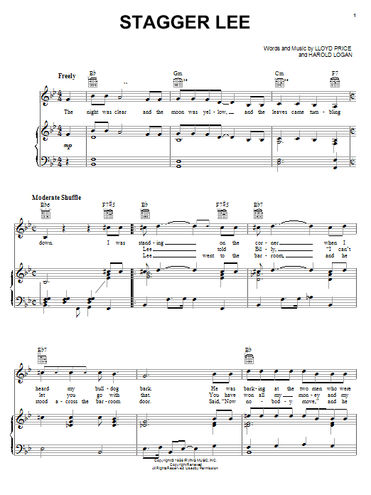 Download Lloyd Price Stagger Lee Sheet Music and learn how to play Piano, Vocal & Guitar (Right-Hand Melody) PDF digital score in minutes