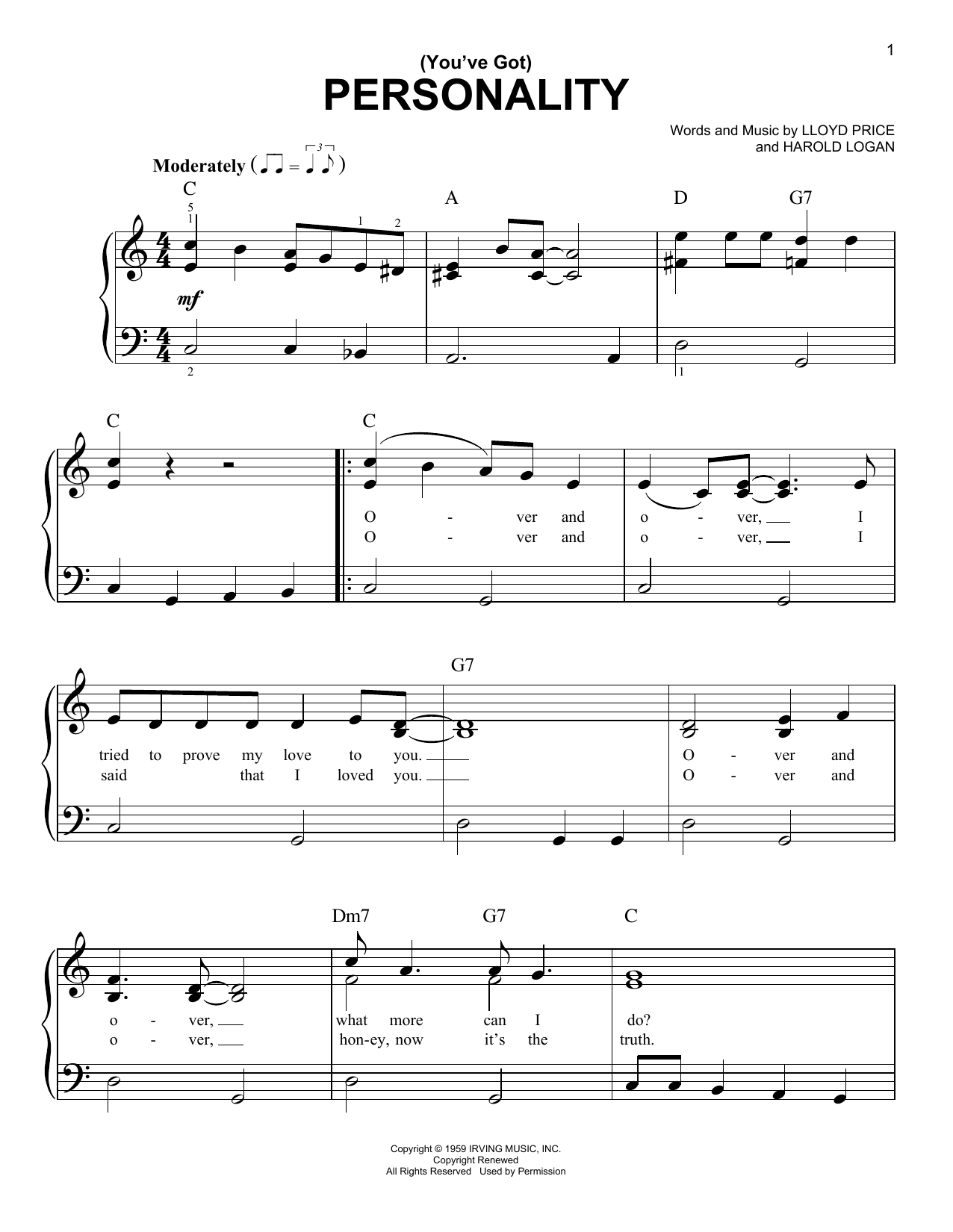 Download Lloyd Price (You've Got) Personality Sheet Music and learn how to play Easy Piano PDF digital score in minutes