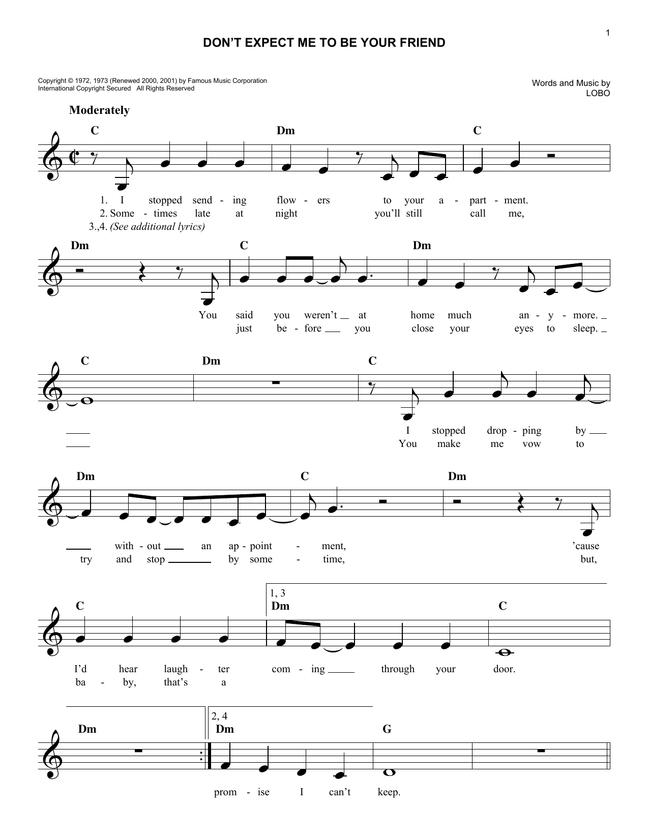 Download Lobo Don't Expect Me To Be Your Friend Sheet Music and learn how to play Melody Line, Lyrics & Chords PDF digital score in minutes