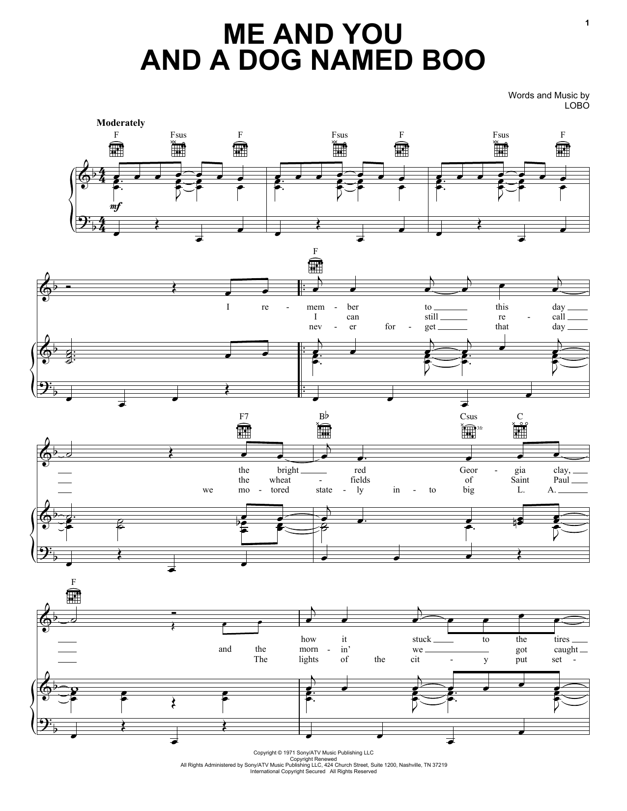 Download Lobo Me And You And A Dog Named Boo Sheet Music and learn how to play Piano, Vocal & Guitar (Right-Hand Melody) PDF digital score in minutes