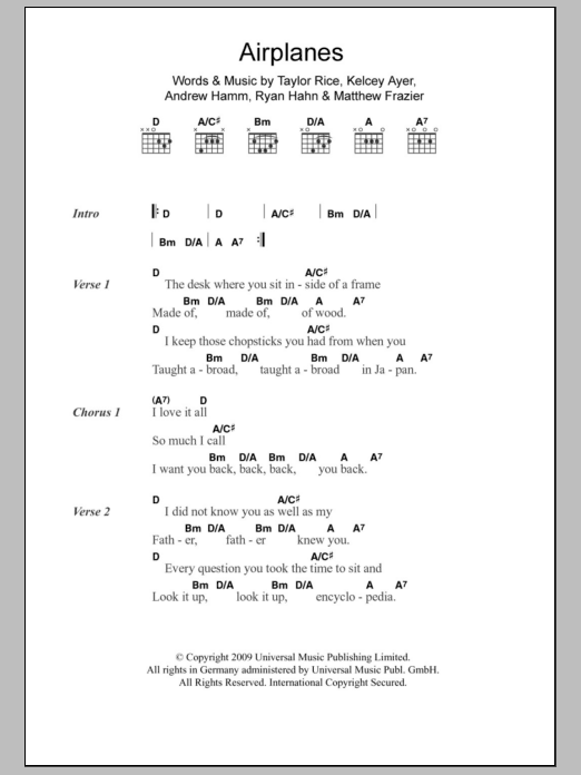 Download Local Natives Airplanes Sheet Music and learn how to play Lyrics & Chords PDF digital score in minutes