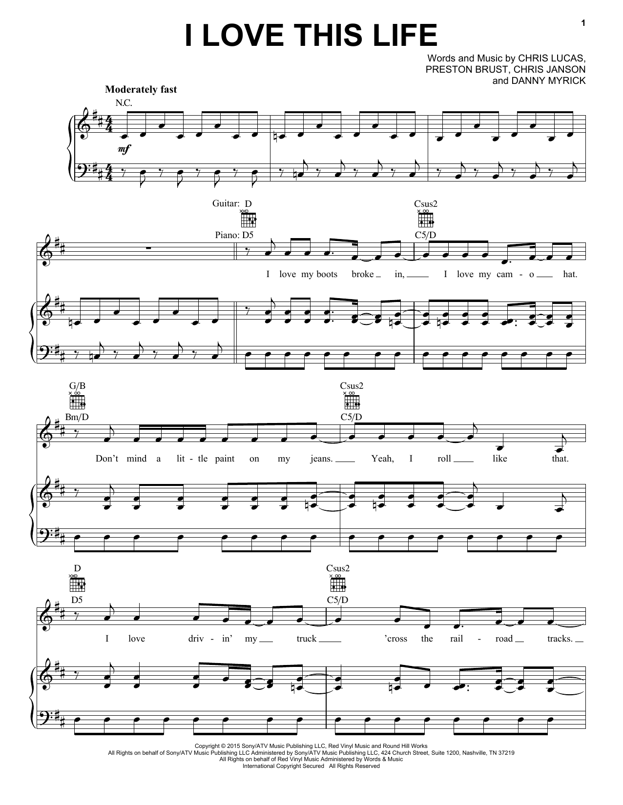 Download LoCash I Love This Life Sheet Music and learn how to play Piano, Vocal & Guitar (Right-Hand Melody) PDF digital score in minutes