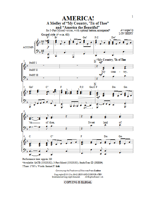 Download Lon Beery America! (Medley) Sheet Music and learn how to play 3-Part Mixed PDF digital score in minutes