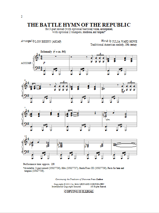 Download Lon Beery Battle Hymn Of The Republic Sheet Music and learn how to play 3-Part Mixed PDF digital score in minutes