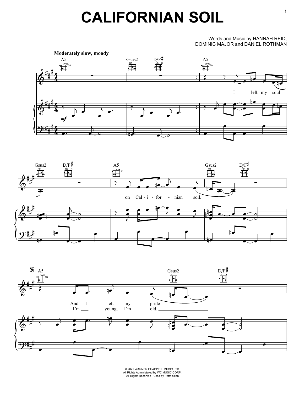 Download London Grammar Californian Soil Sheet Music and learn how to play Piano, Vocal & Guitar Chords (Right-Hand Melody) PDF digital score in minutes