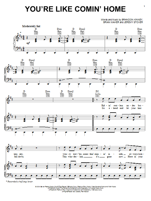 Download Lonestar You're Like Comin' Home Sheet Music and learn how to play Piano, Vocal & Guitar (Right-Hand Melody) PDF digital score in minutes