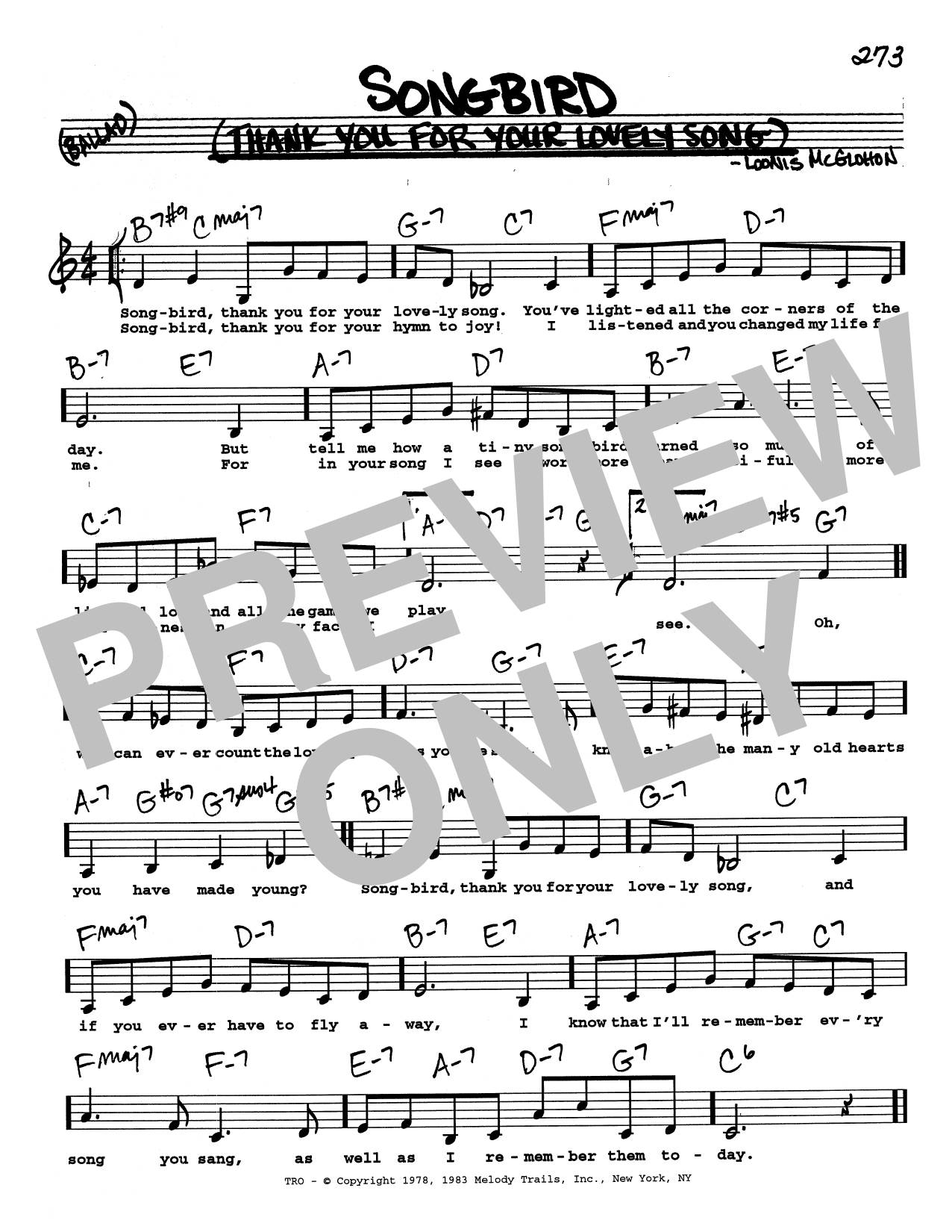 Download Loonis McGlohon Songbird (Thank You For Your Lovely Song) (Low Voice) Sheet Music and learn how to play Real Book – Melody, Lyrics & Chords PDF digital score in minutes