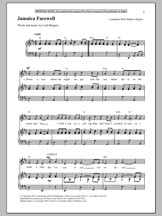 Download Lord Burgess Jamaica Farewell Sheet Music and learn how to play Piano PDF digital score in minutes