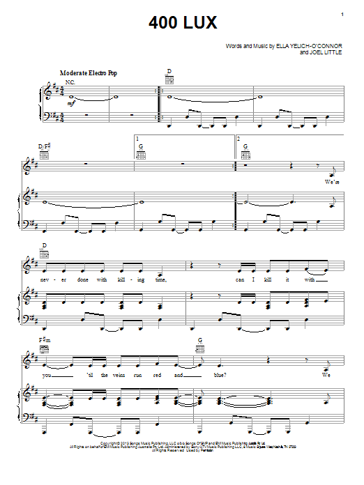 Download Lorde 400 Lux Sheet Music and learn how to play Piano, Vocal & Guitar (Right-Hand Melody) PDF digital score in minutes