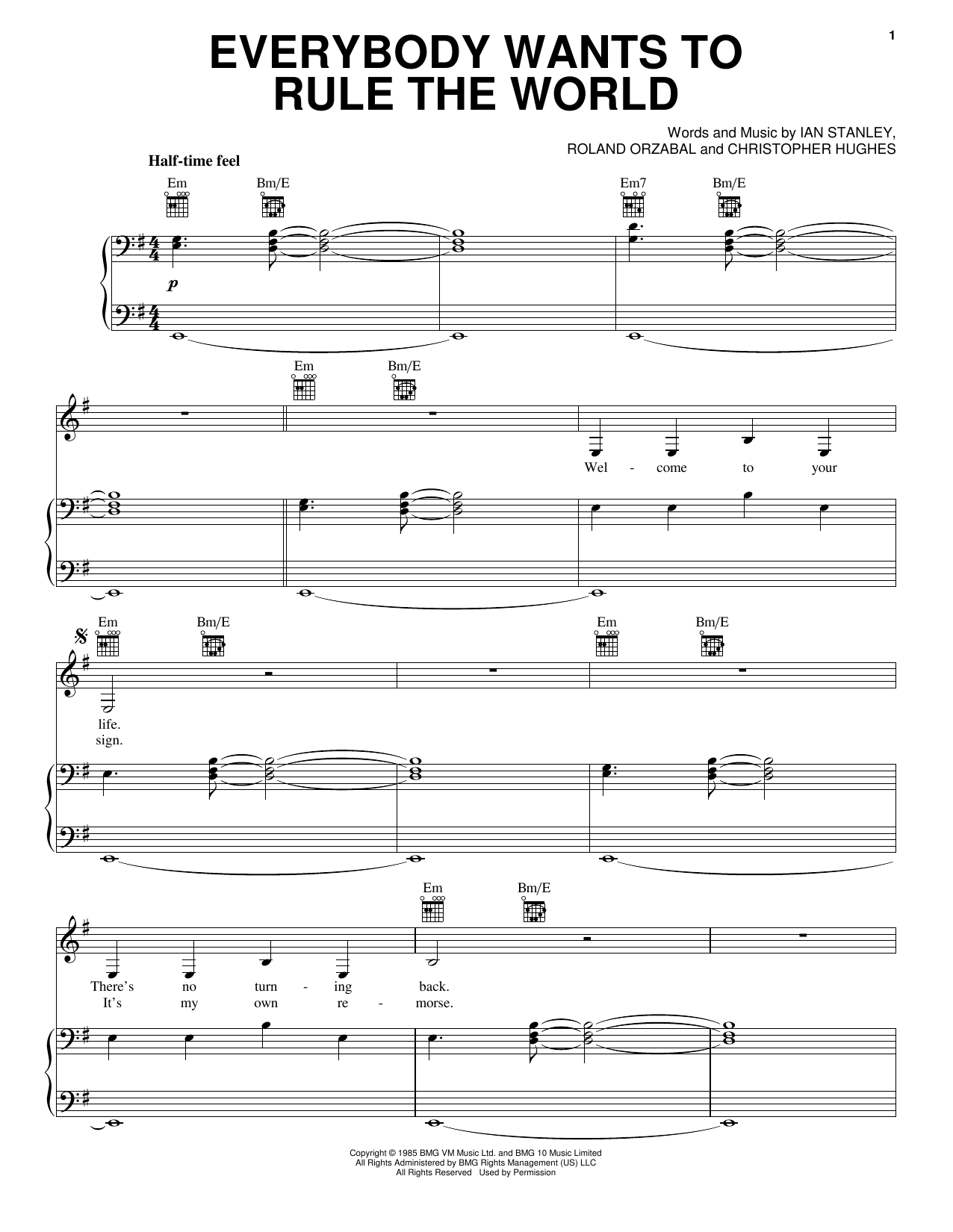 Download Tears for Fears Everybody Wants To Rule The World Sheet Music and learn how to play Piano, Vocal & Guitar (Right-Hand Melody) PDF digital score in minutes