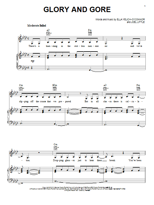 Download Lorde Glory And Gore Sheet Music and learn how to play Easy Piano PDF digital score in minutes