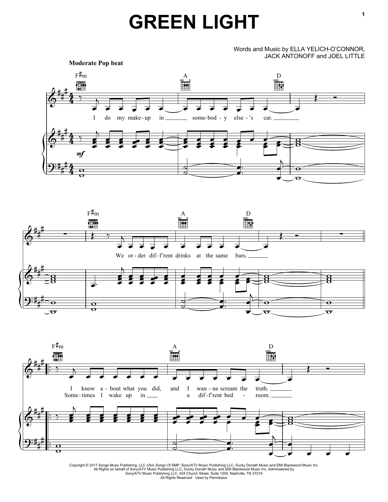 Download Lorde Green Light Sheet Music and learn how to play Piano, Vocal & Guitar (Right-Hand Melody) PDF digital score in minutes
