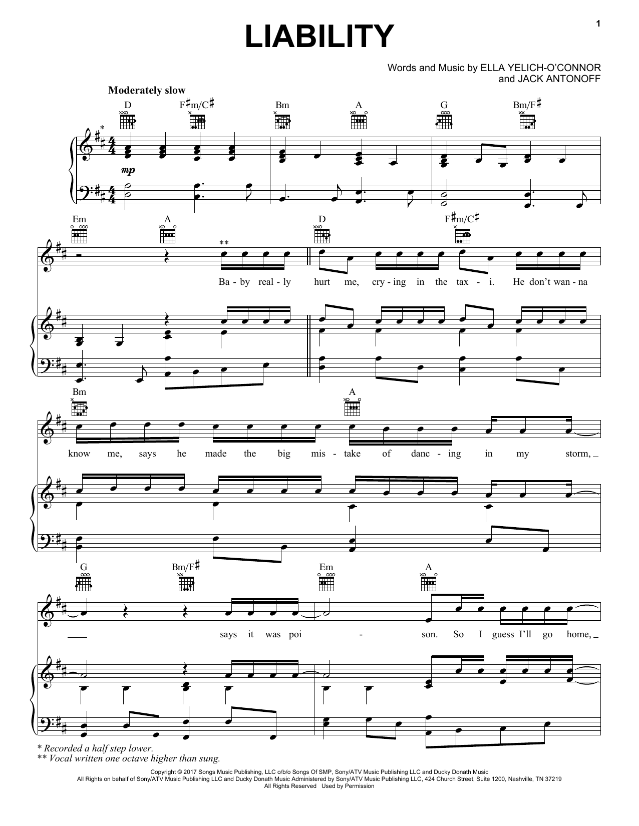 Download Lorde Liability Sheet Music and learn how to play Piano, Vocal & Guitar (Right-Hand Melody) PDF digital score in minutes