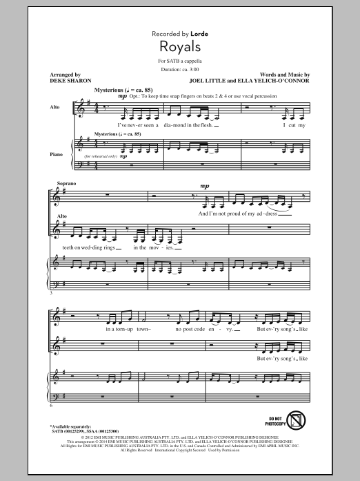Download Lorde Royals (arr. Deke Sharon) Sheet Music and learn how to play SATB PDF digital score in minutes