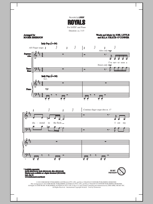 Download Lorde Royals (arr. Roger Emerson) Sheet Music and learn how to play SATB PDF digital score in minutes