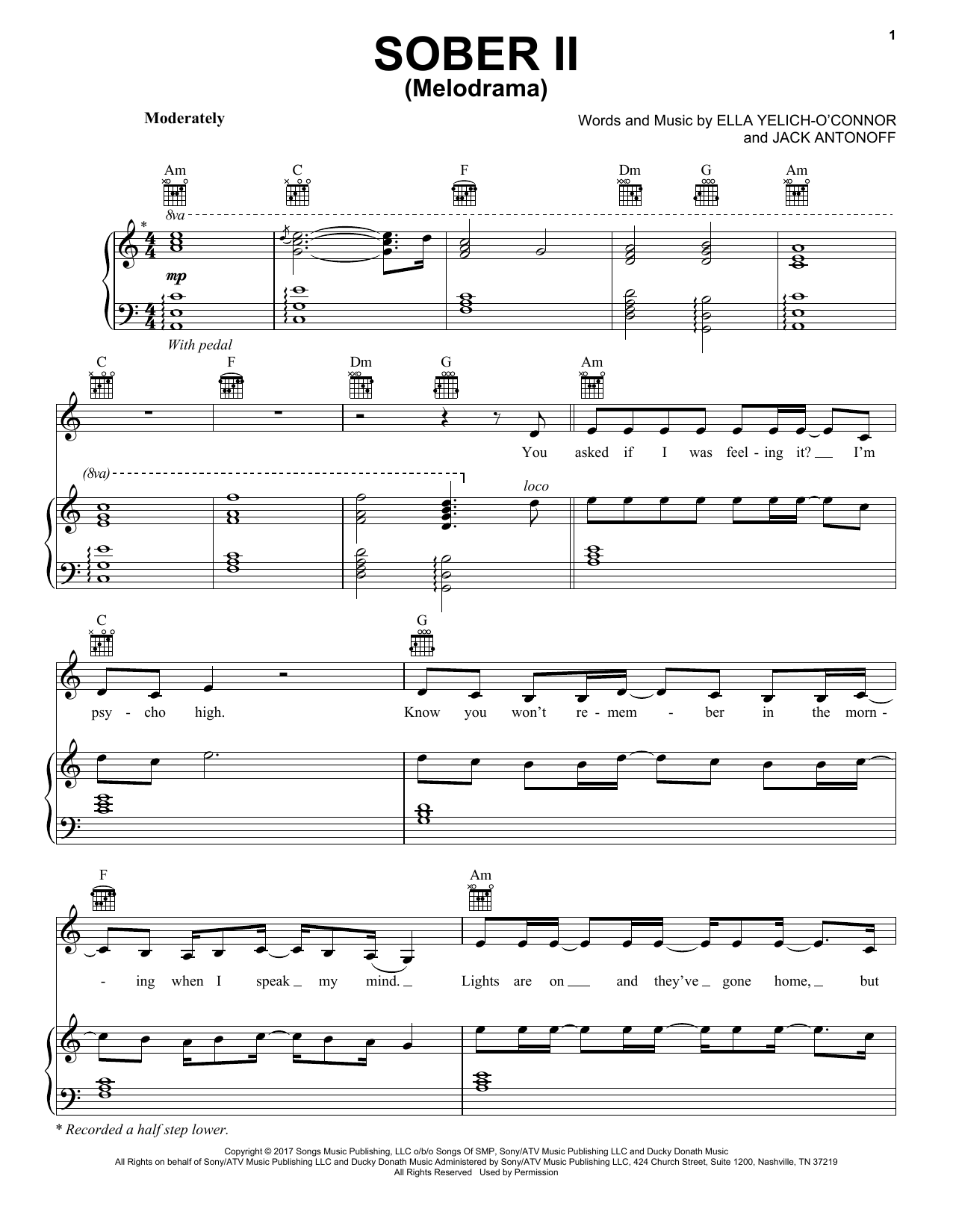 Download Lorde Sober II (Melodrama) Sheet Music and learn how to play Piano, Vocal & Guitar (Right-Hand Melody) PDF digital score in minutes
