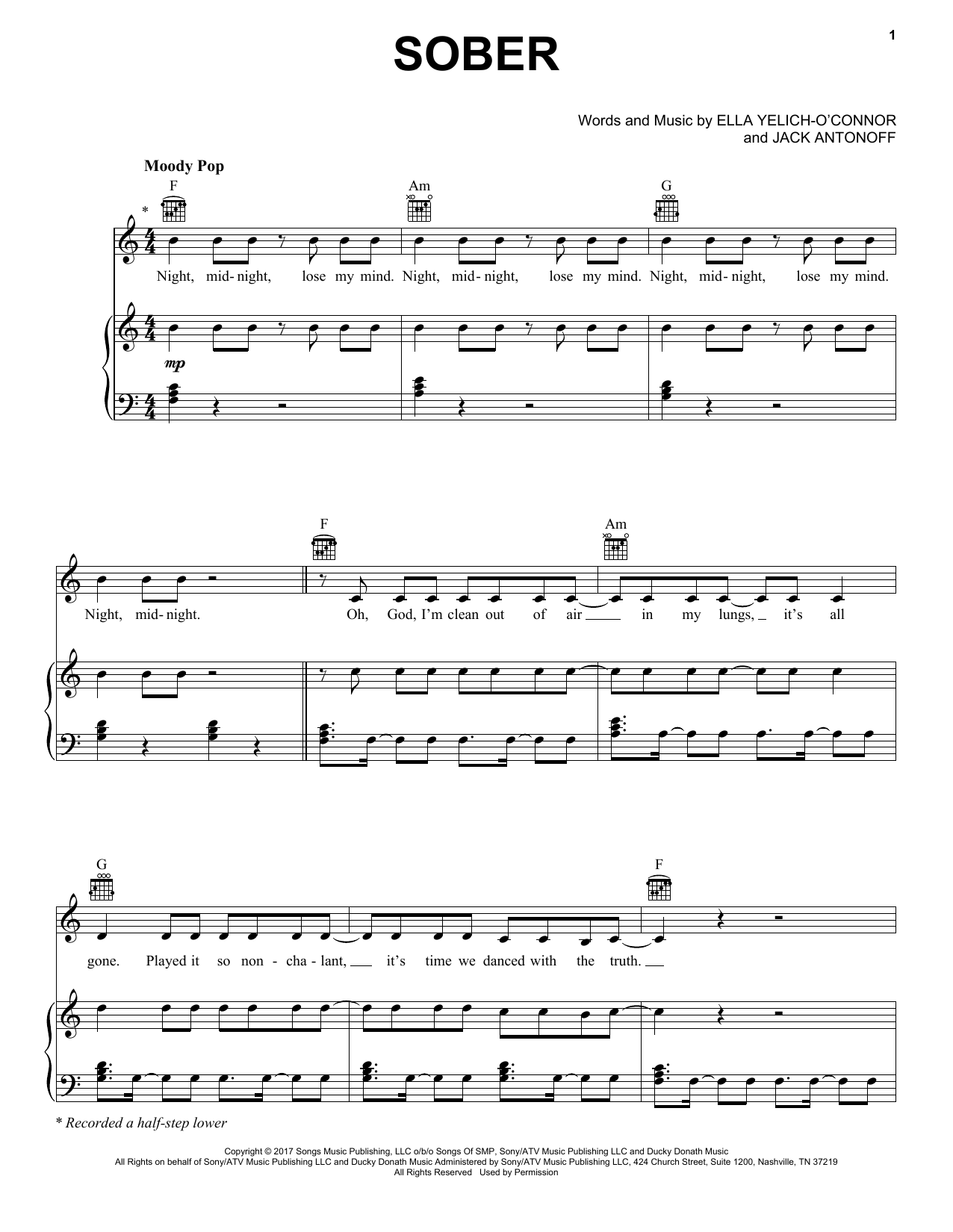 Download Lorde Sober Sheet Music and learn how to play Piano, Vocal & Guitar (Right-Hand Melody) PDF digital score in minutes