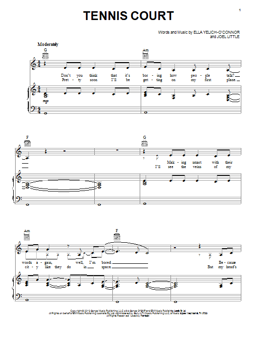 Download Lorde Tennis Court Sheet Music and learn how to play Easy Piano PDF digital score in minutes