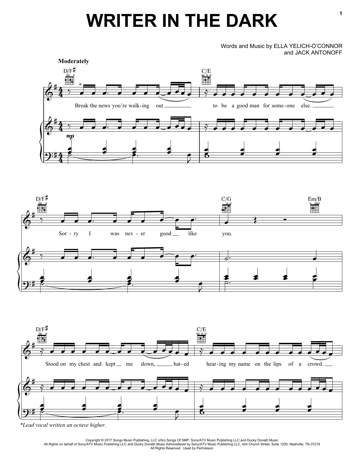 Download Lorde Writer In The Dark Sheet Music and learn how to play Piano, Vocal & Guitar (Right-Hand Melody) PDF digital score in minutes