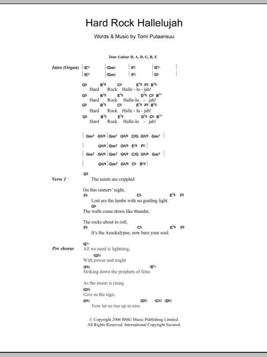 Download Lordi Hard Rock Hallelujah Sheet Music and learn how to play Lyrics & Chords PDF digital score in minutes