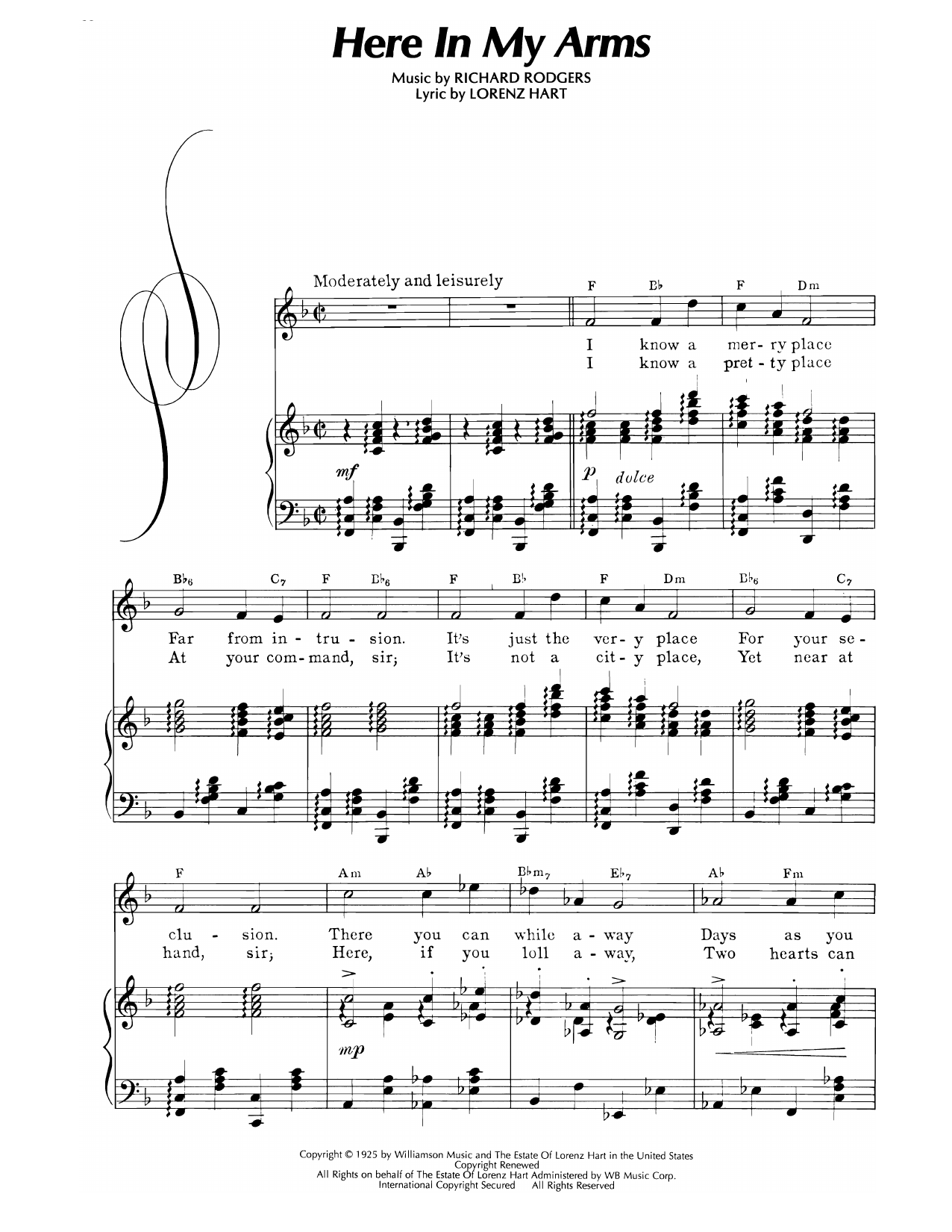Download Lorenz Hart Here In My Arms (from Dearest Enemy) Sheet Music and learn how to play Piano, Vocal & Guitar Chords (Right-Hand Melody) PDF digital score in minutes