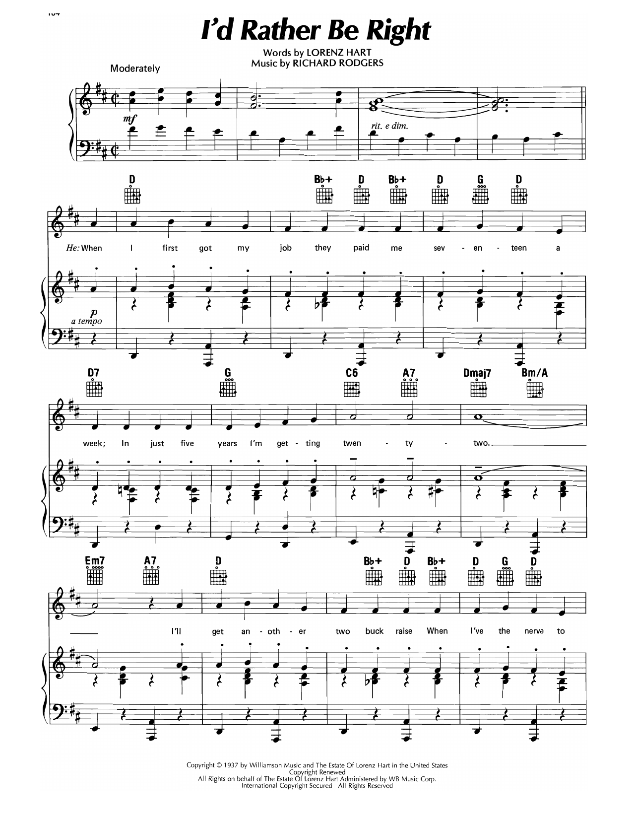 Download Lorenz Hart I'd Rather Be Right Sheet Music and learn how to play Piano, Vocal & Guitar Chords (Right-Hand Melody) PDF digital score in minutes