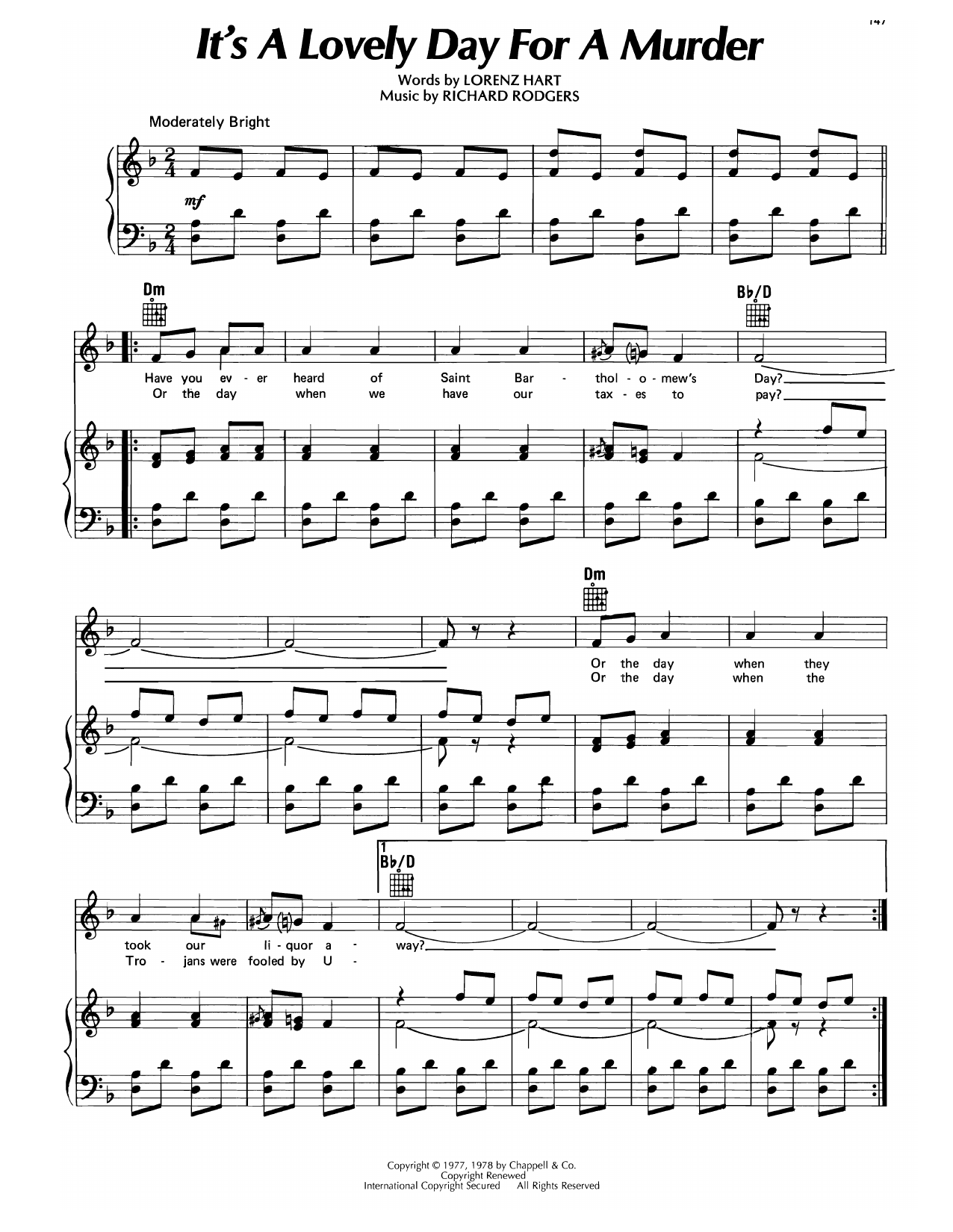 Download Lorenz Hart It's A Lovely Day For A Murder (from Higher And Higher) Sheet Music and learn how to play Piano, Vocal & Guitar Chords (Right-Hand Melody) PDF digital score in minutes