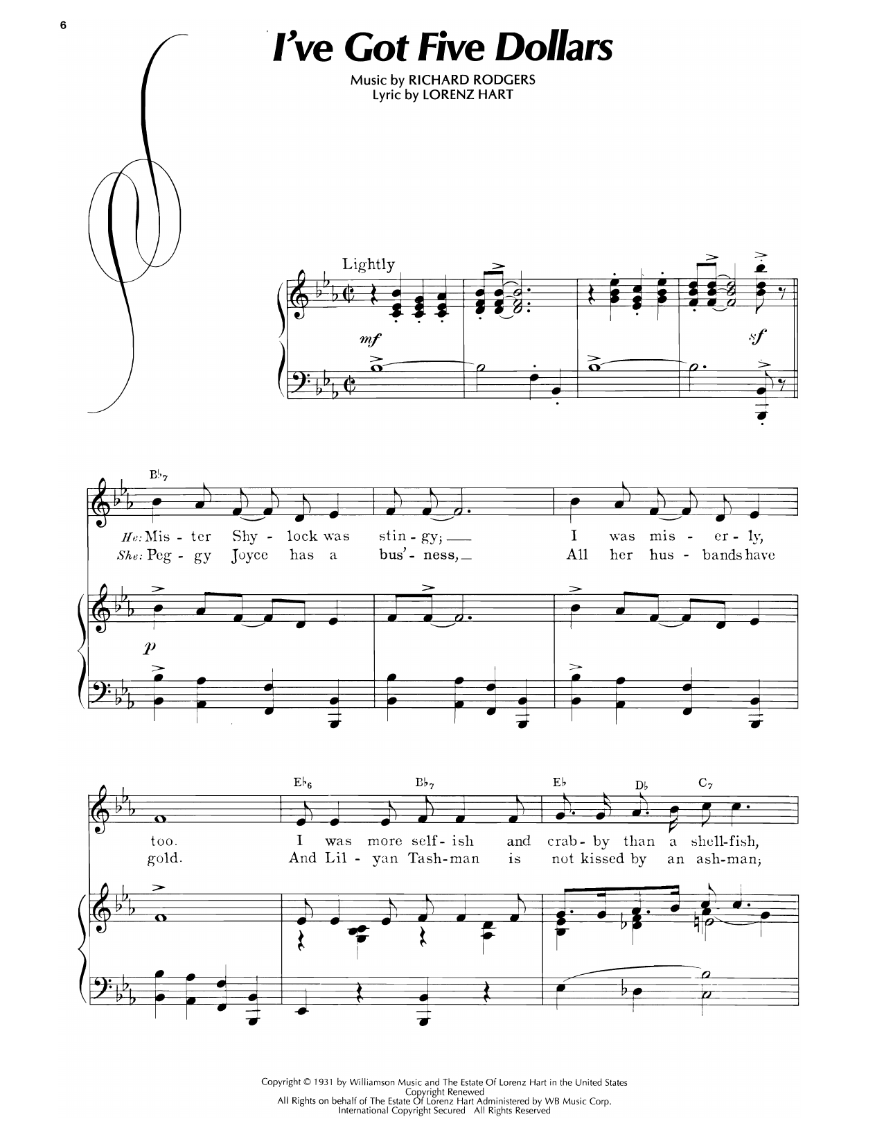 Download Lorenz Hart I've Got Five Dollars (from America's Sweetheart) Sheet Music and learn how to play Piano, Vocal & Guitar Chords (Right-Hand Melody) PDF digital score in minutes