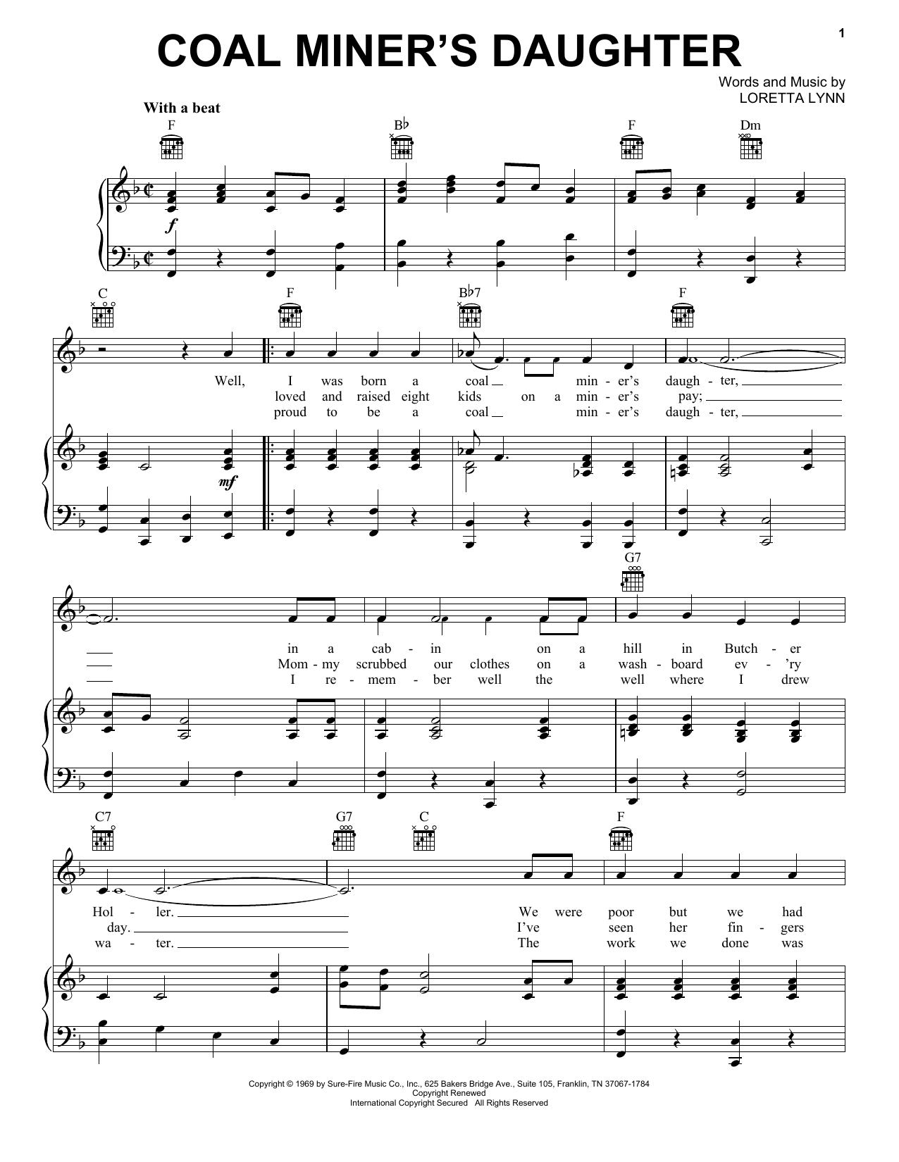 Download Loretta Lynn Coal Miner's Daughter Sheet Music and learn how to play Lyrics & Chords PDF digital score in minutes