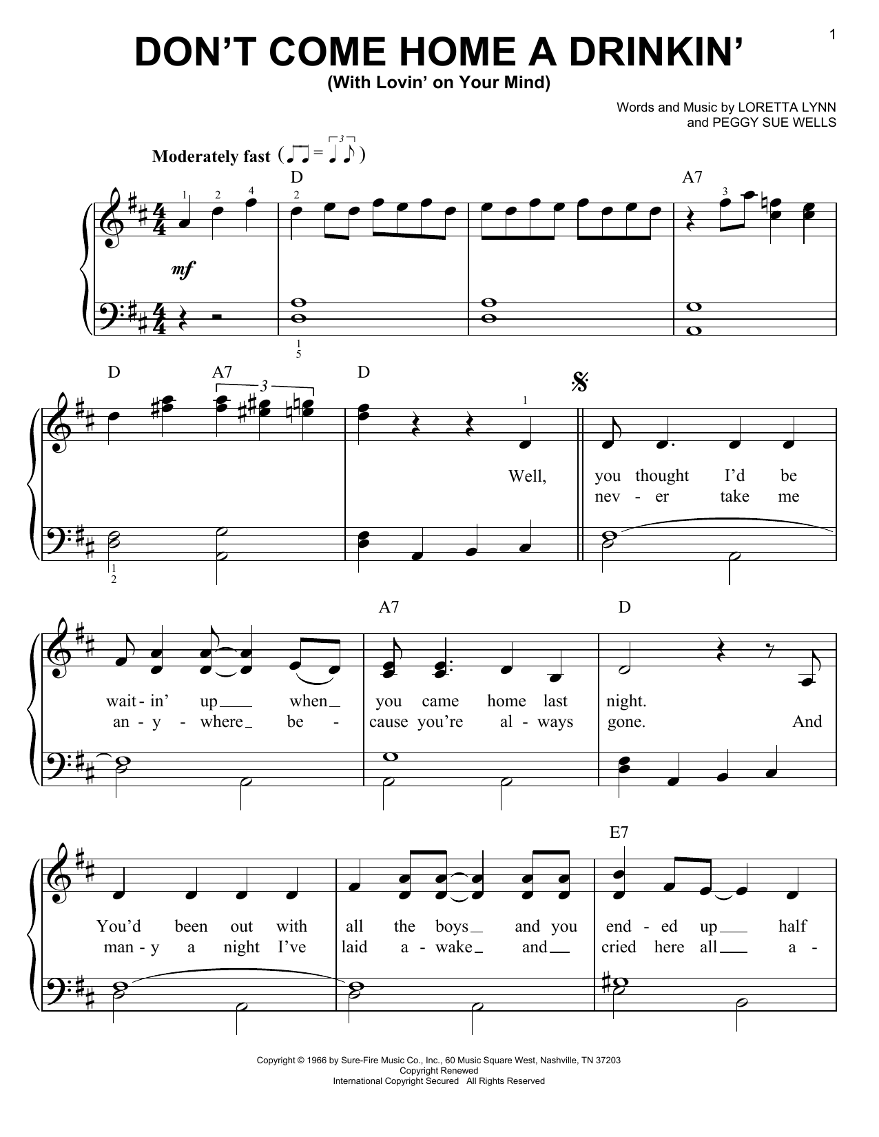 Download Loretta Lynn Don't Come Home A Drinkin' (With Lovin' On Your Mind) Sheet Music and learn how to play Easy Piano PDF digital score in minutes